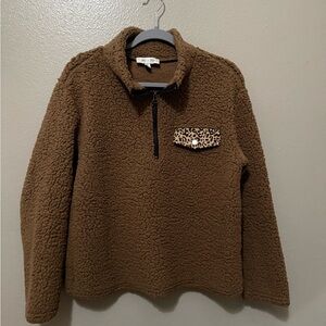 She + Sky Brown Fleece Sweater with Leopard Detail